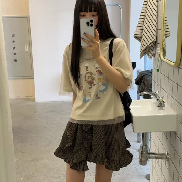 愛麗絲夢遊仙境印花網紗拼接上衣-1 愛麗絲夢遊仙境印花網紗拼接上衣(2色)