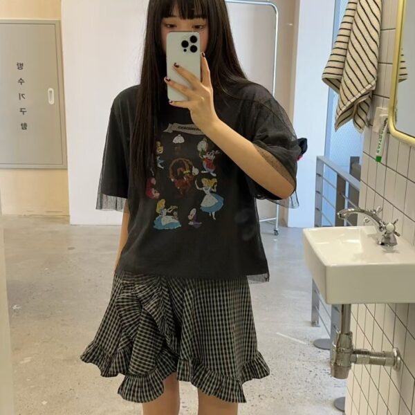 愛麗絲夢遊仙境印花網紗拼接上衣-3 愛麗絲夢遊仙境印花網紗拼接上衣(2色)