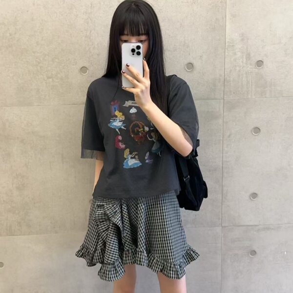愛麗絲夢遊仙境印花網紗拼接上衣-4 愛麗絲夢遊仙境印花網紗拼接上衣(2色)