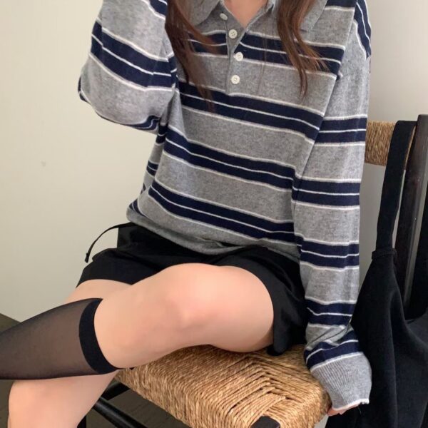 文青風POLO條紋長袖上衣