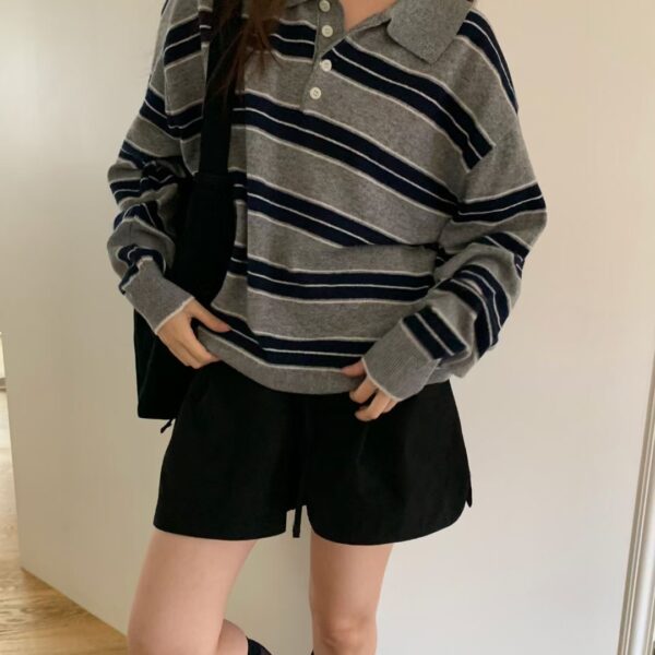 文青風POLO條紋長袖上衣