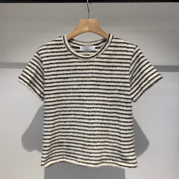 毛茸茸短袖條紋上衣-1 毛茸茸條紋短袖上衣(4色)