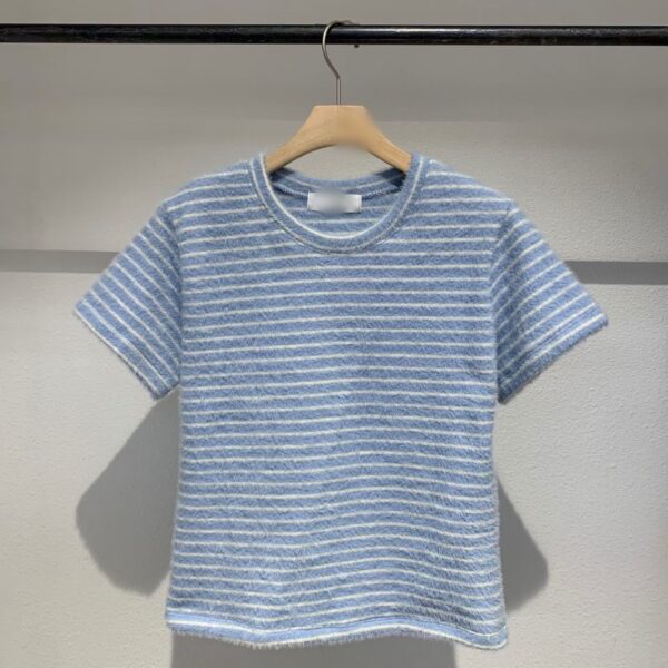 毛茸茸短袖條紋上衣-2 毛茸茸條紋短袖上衣(4色)